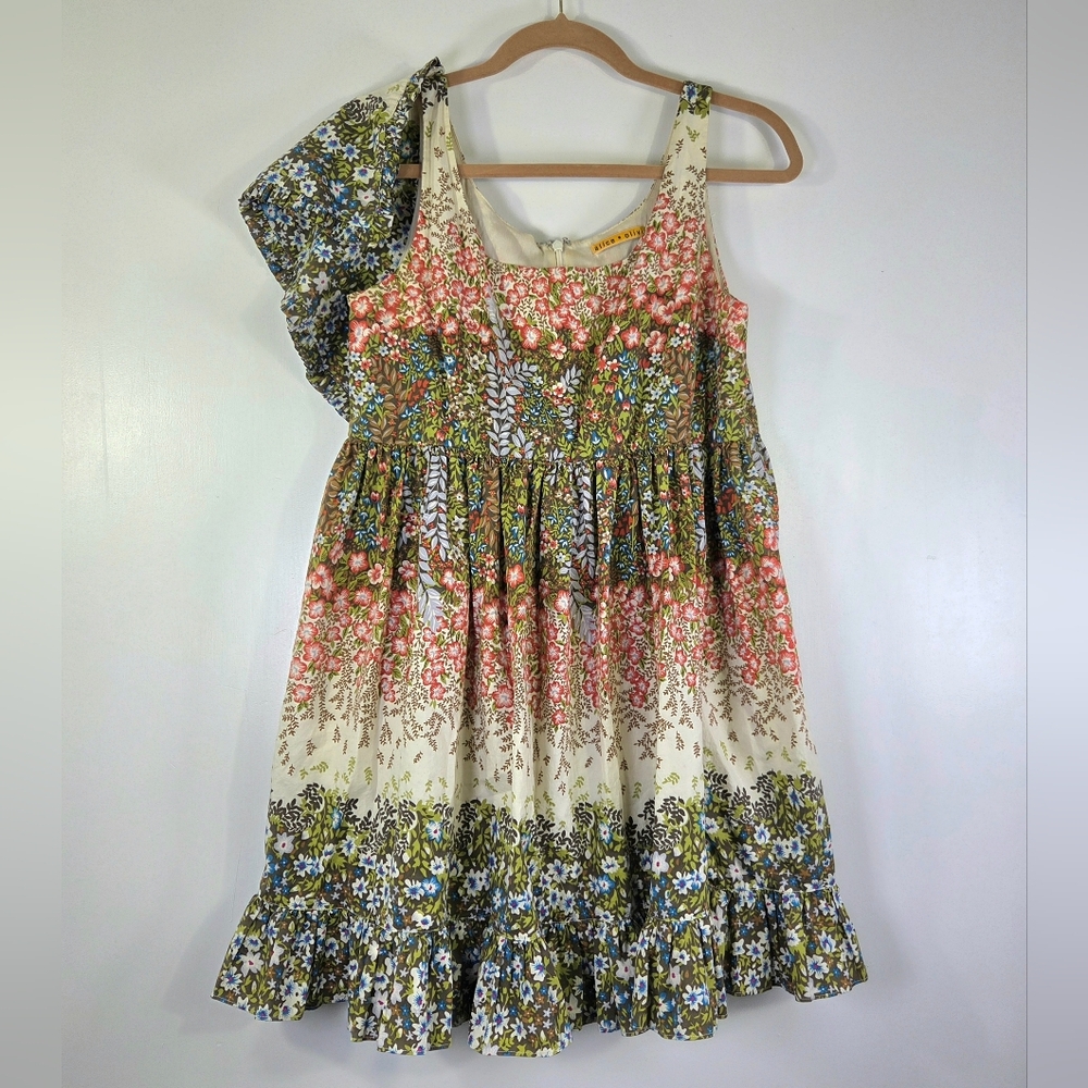 ALICE + OLIVIA SILK BLEND COTTAGECORE RUFFLE MINI DRESS.